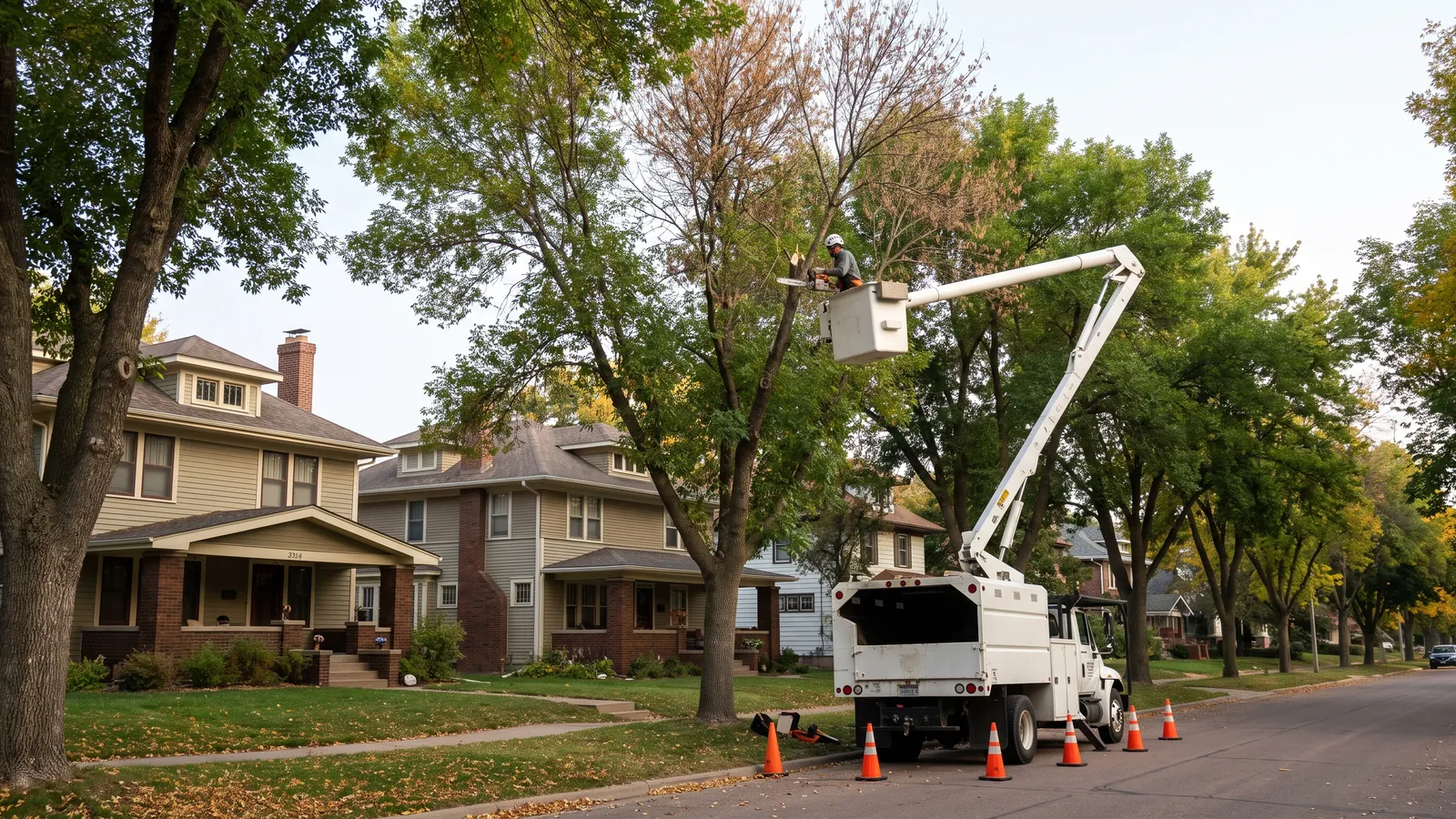 Arborist in a bucket truck cutting the dying crown of a large green ash over a boulevard on an older Sioux Falls street