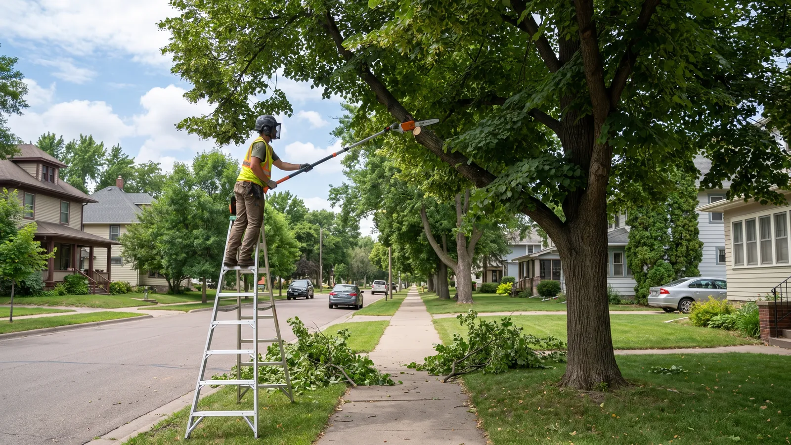 Arborist pruning the lower limbs of a linden to clear the sidewalk and street on a Sioux Falls boulevard