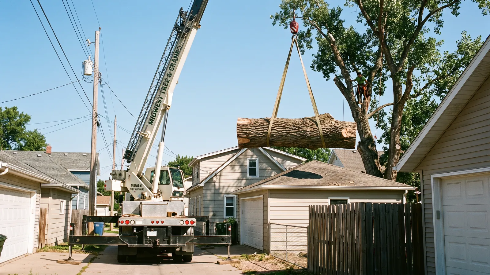 Crane lifting a large cottonwood trunk section over the roof of a house on a tight Sioux Falls lot