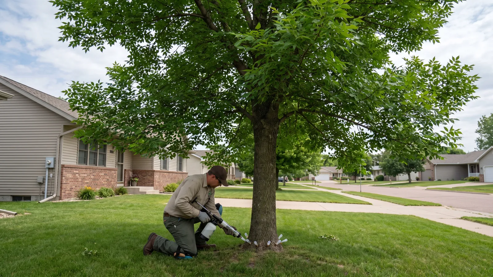 Applicator trunk-injecting a healthy ash tree near its base with a row of small injection ports in a South Dakota yard