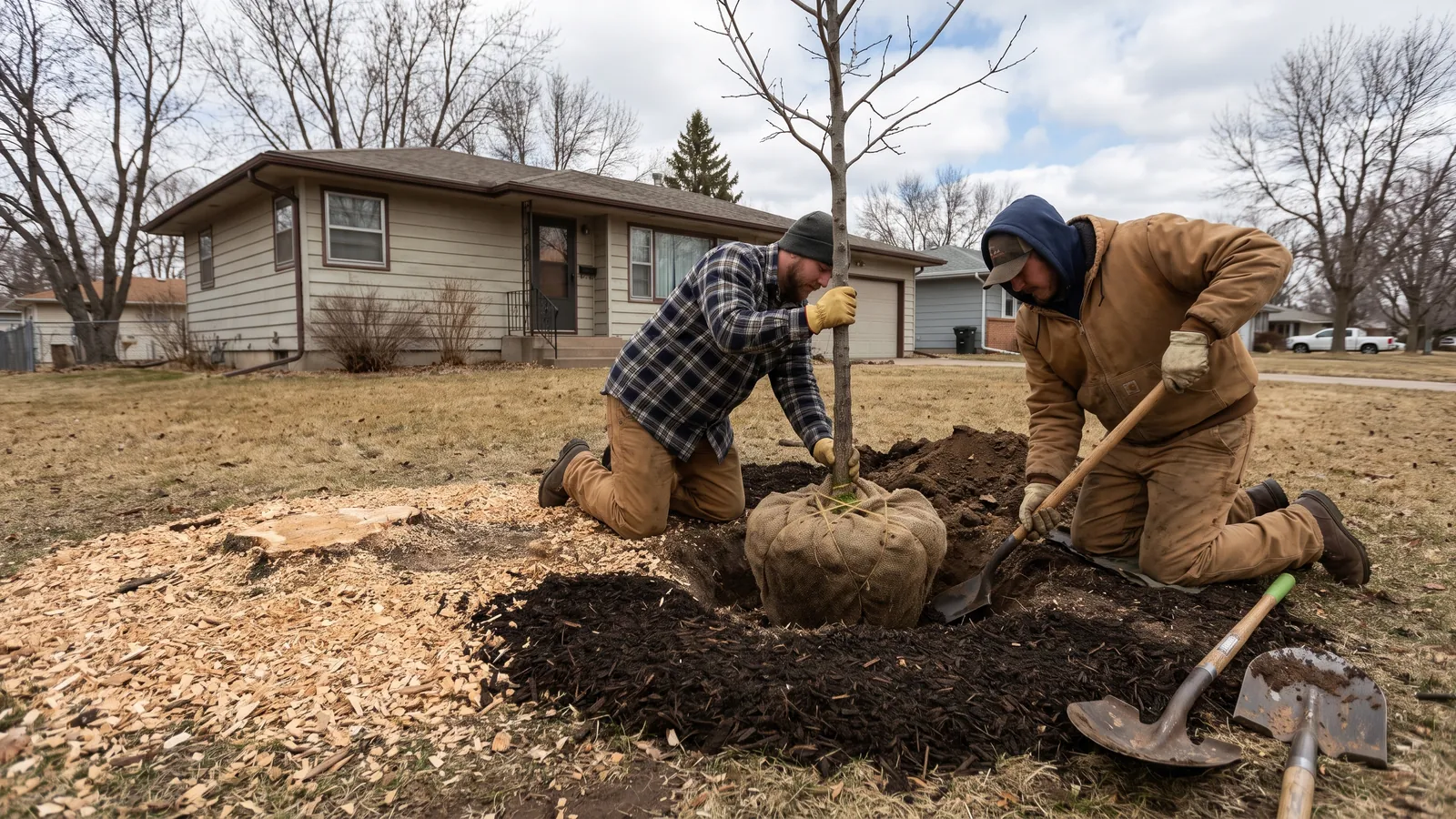 Crew planting a young bur oak in a front yard where an ash tree was removed, with fresh mulch ring