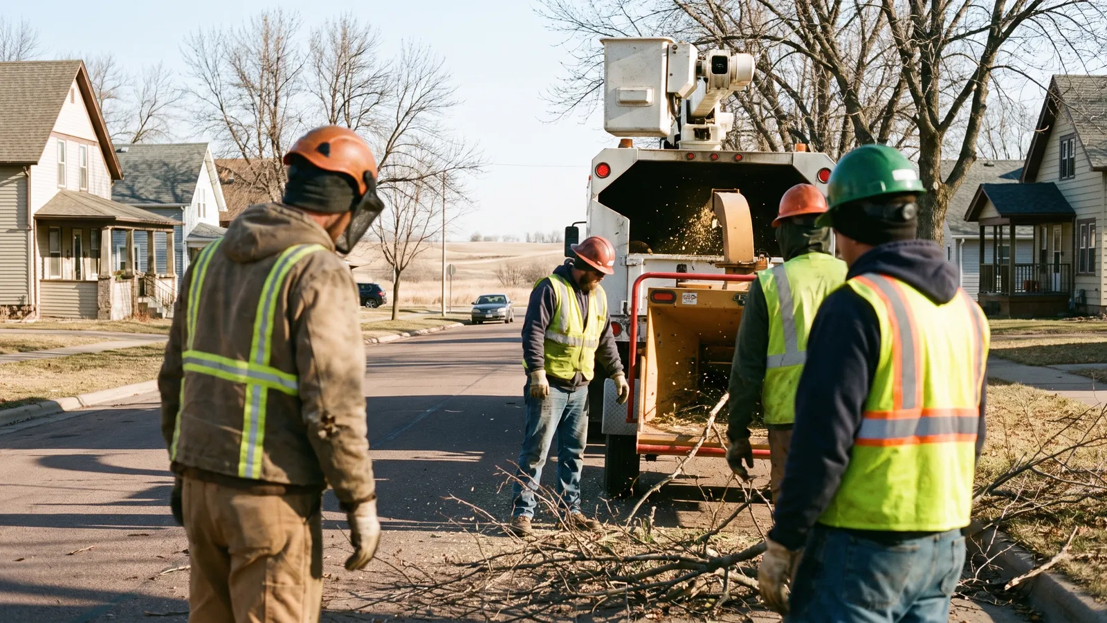 The Sioux Falls Tree Co. crew with their bucket truck and chipper on a residential street in Sioux Falls