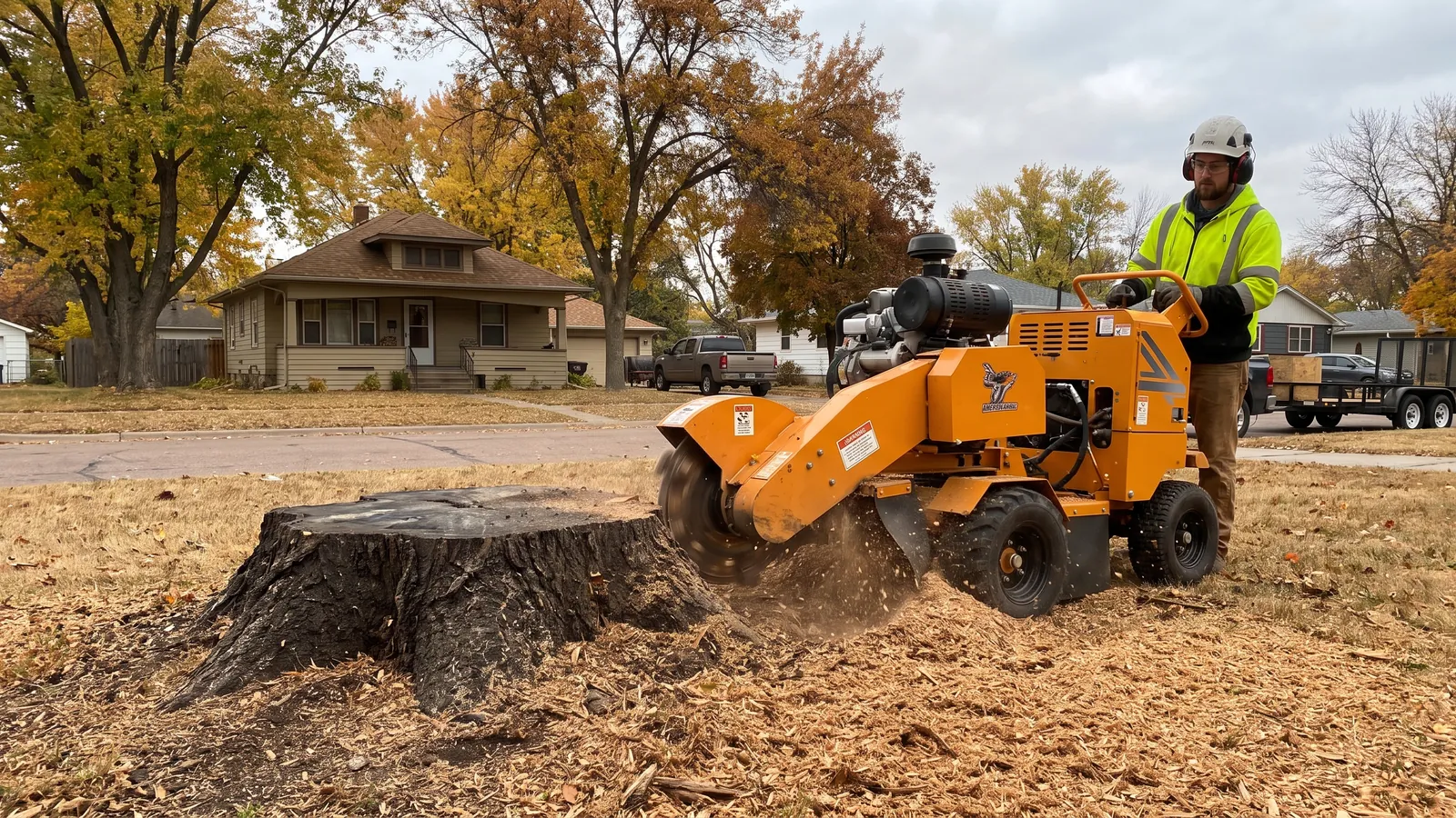 Stump grinder working a large ash stump down below grade in a South Dakota front yard