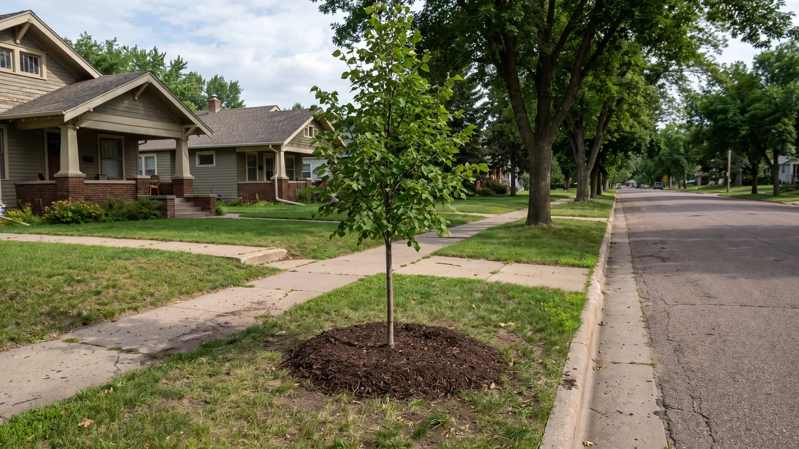 Newly planted street tree in the grass parking strip between curb and sidewalk on a Sioux Falls residential street